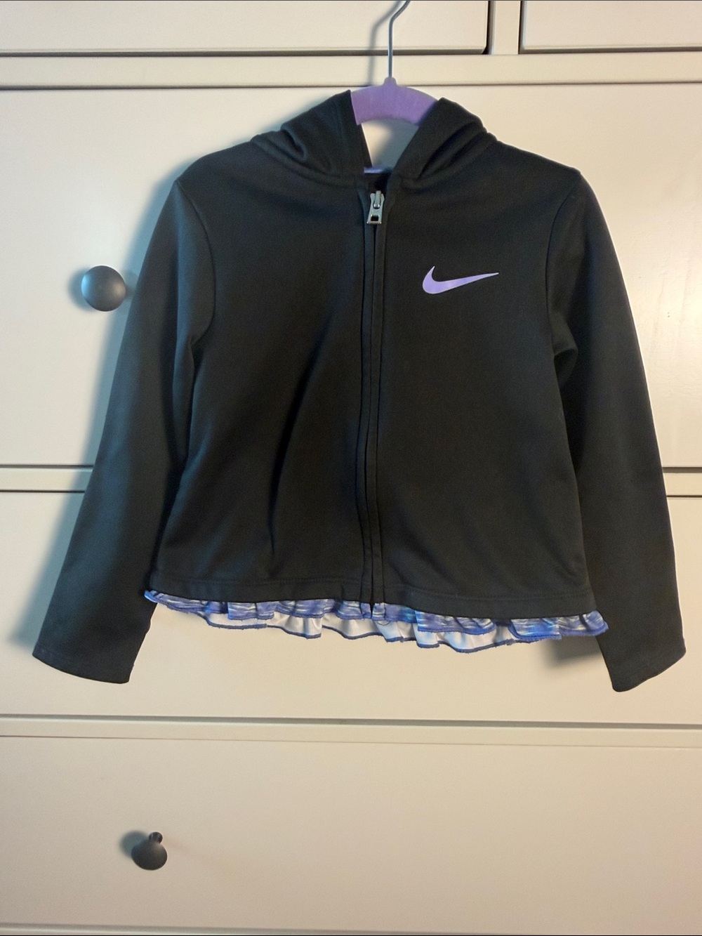 Nike Black Hoodie with Purple Swoosh and Blue/Purple Ruffle along the Bottom